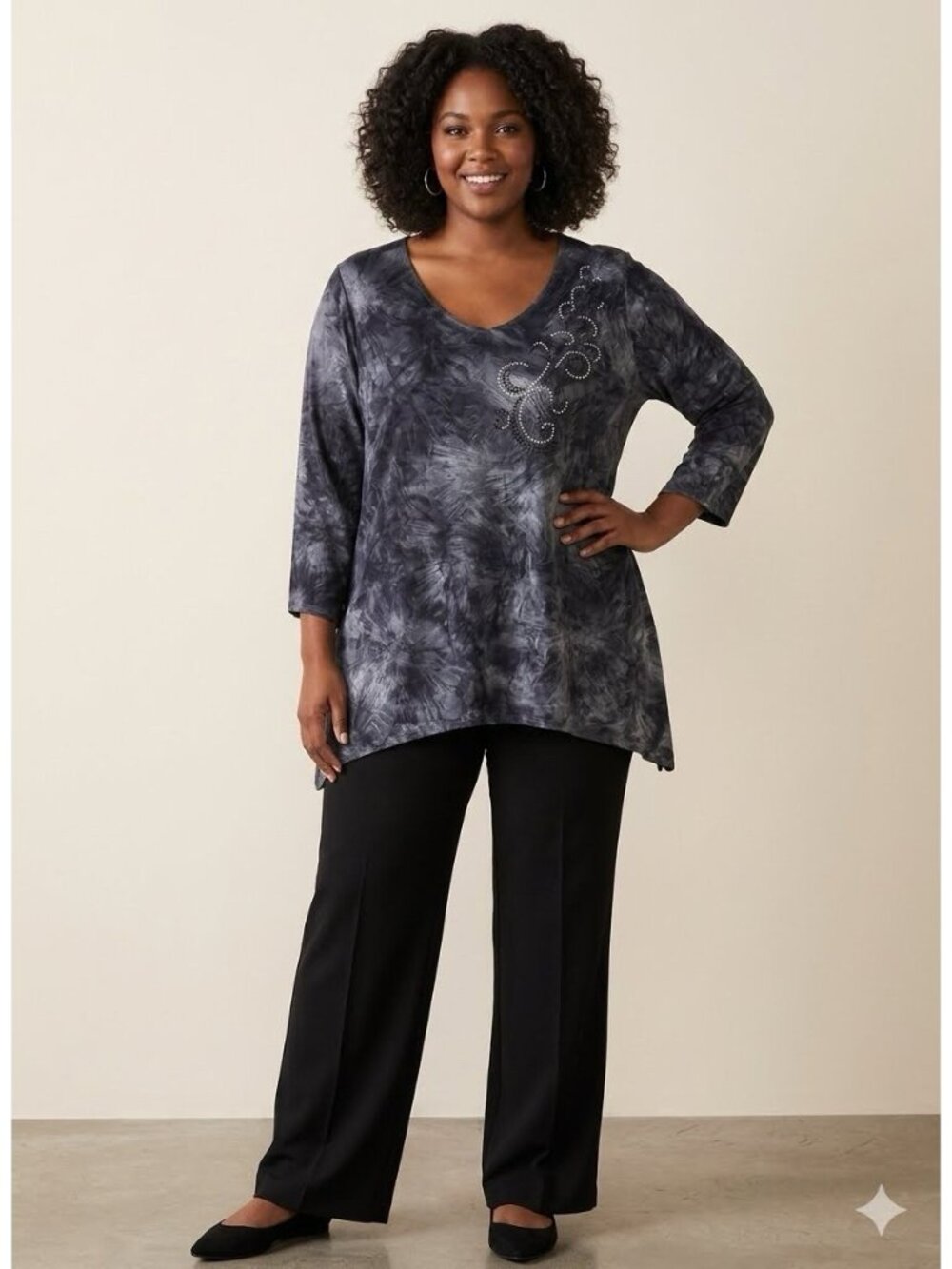 Brittany Black Top Womens 2X Plus Size Black Gray Bling Stretch Whimsigoth